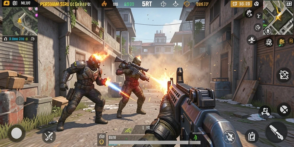 Screenshot gameplay 5RT menunjukkan aksi tembak-menembak yang intens dalam pertandingan TPS.
