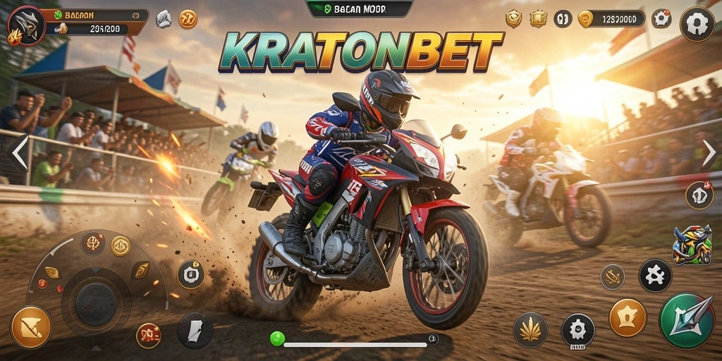 Screenshot gameplay KRATONBET menampilkan aksi balapan motor yang mendebarkan.