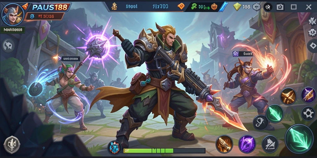 Screenshot utama PAUS188 menampilkan aksi pertempuran seru di arena MOBA.